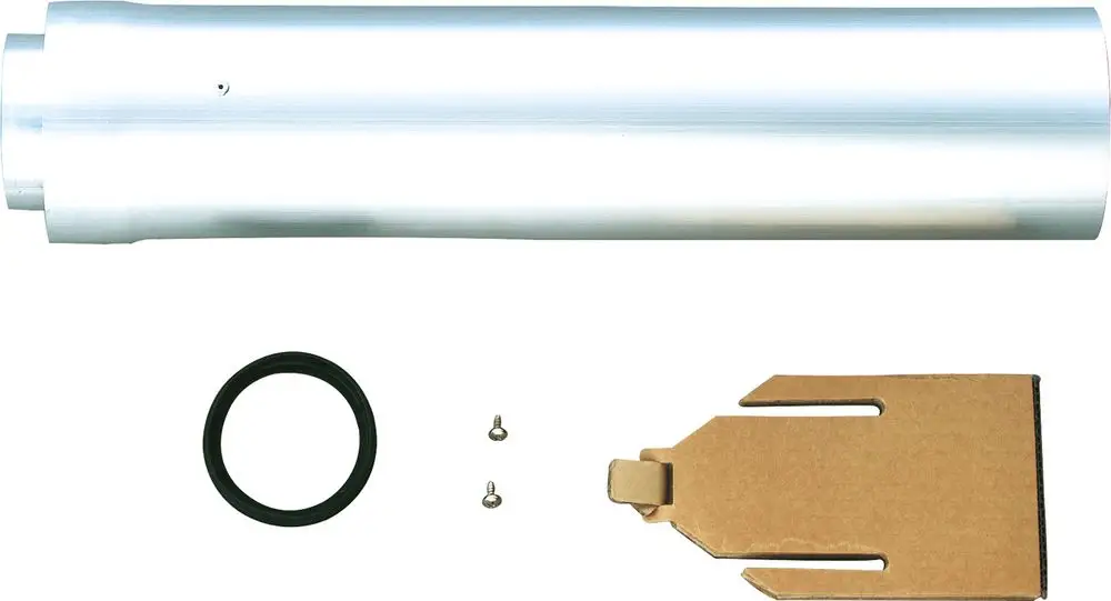 Aluminiumrohr mit zwei Schrauben, einer Dichtung und einer Pappe für die Montage. Das Produkt könnte Zubehör von Bosch für Abgas- oder Luftsysteme darstellen.